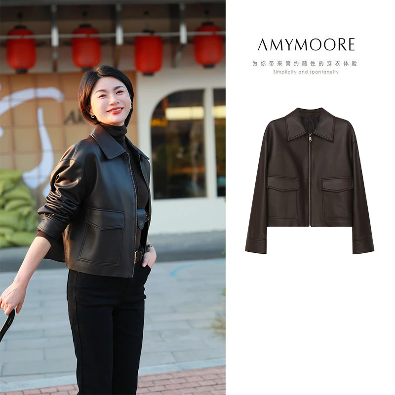 【为爱放价】AMYMOORE春女皮衣外套真皮夹克翻领简约时尚气质45587