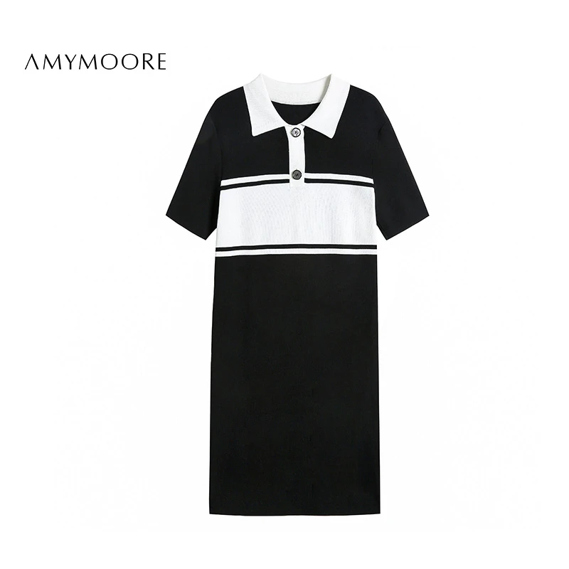 AMYMOORE【为爱放价】 polo撞色毛针织连衣裙中长款女士78923