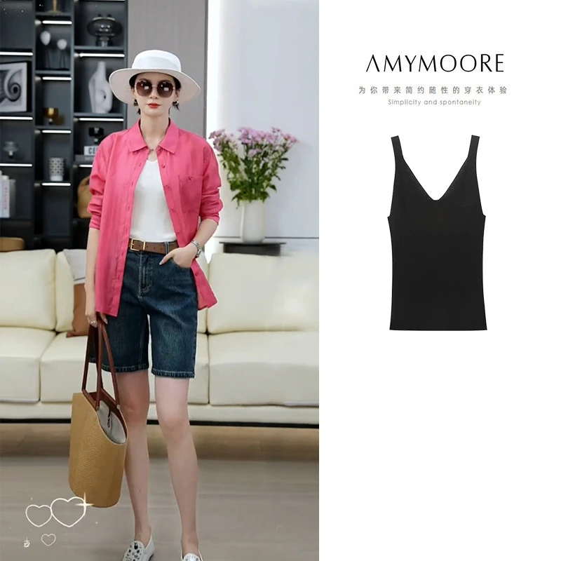 AMYMOORE艾莫尔背心吊带黑色双面穿纯色女通勤310592