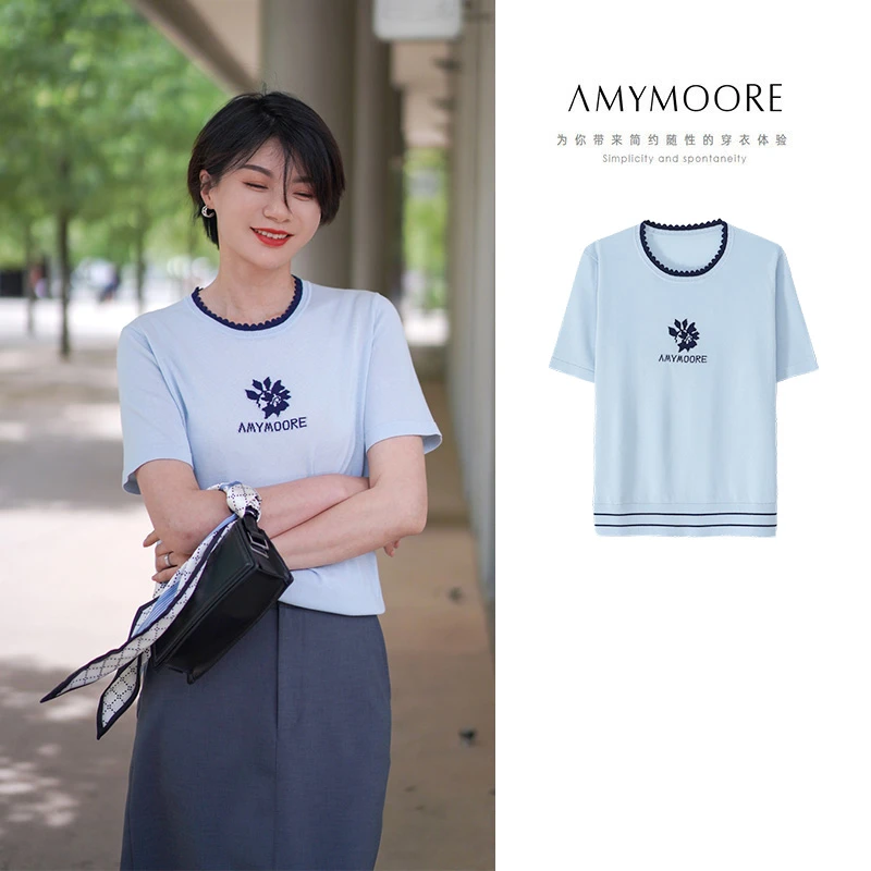 【为爱放价】AMYMOORE夏季女装毛休闲圆领醋酸简约短袖上衣780073