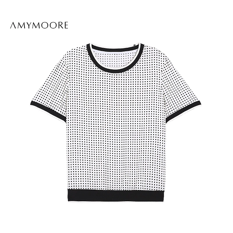 AMYMOORE【为爱放价】 桑蚕丝垂顺短袖雪纺衫波点通女340813