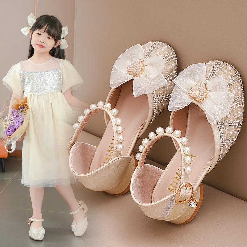 女童凉鞋2024新款公主水钻小高跟单鞋夏季软底蝴蝶结女孩主持童鞋