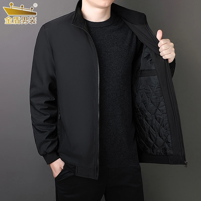 金盾中年男士立领保暖外套加绒加厚爸爸装秋冬季夹克中老年男上装