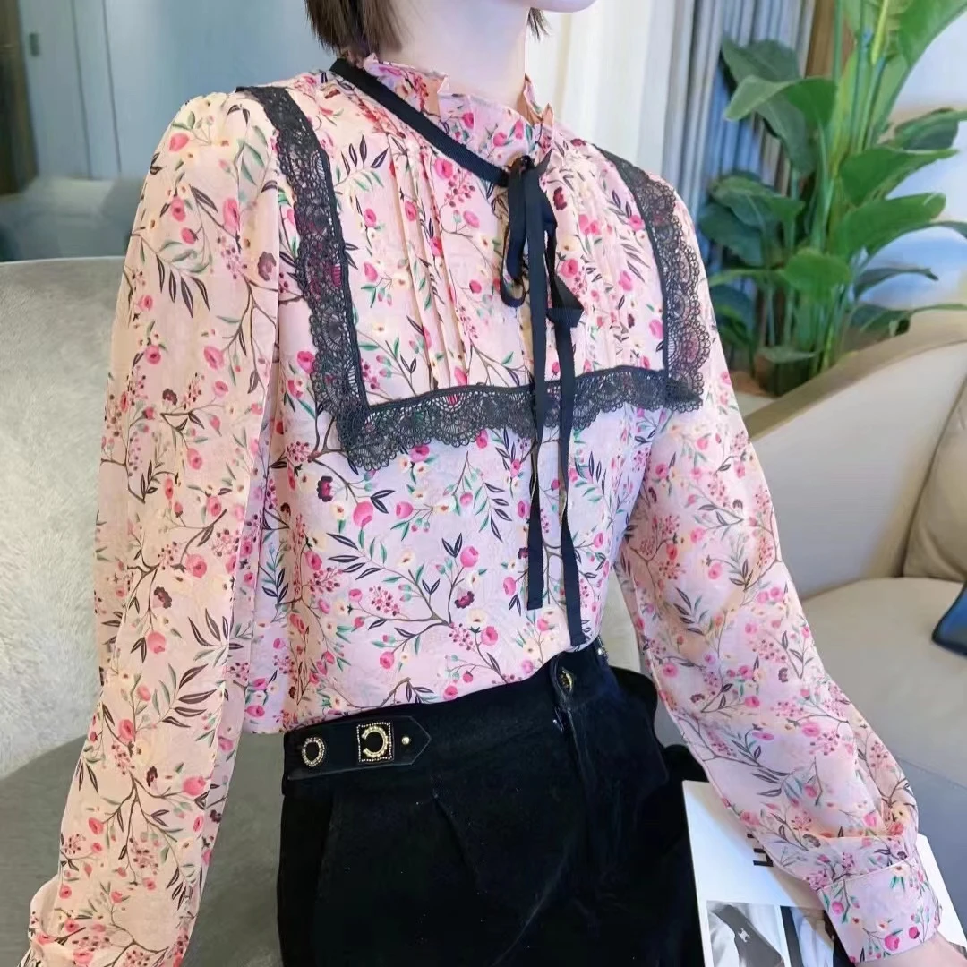 22023长袖百搭通勤气质显瘦碎花小衫大牌减龄时尚复古名媛衬洋气