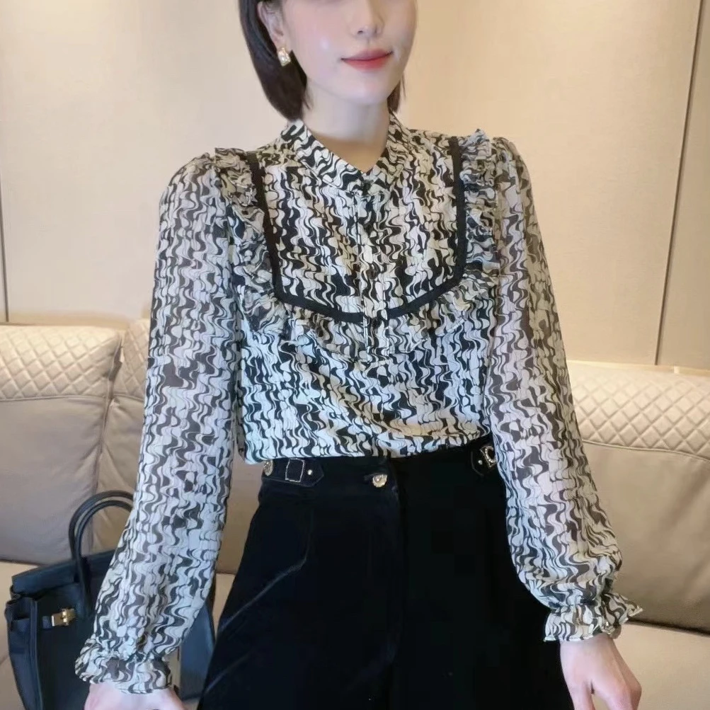 2024年新品百搭印花碎花网红轻奢名媛优雅时尚减龄大牌上衣衬衫
