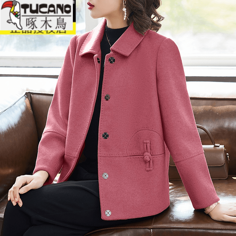 啄木鸟妈妈春装毛呢外套短款中年女士呢子洋气上衣中老年春秋小个