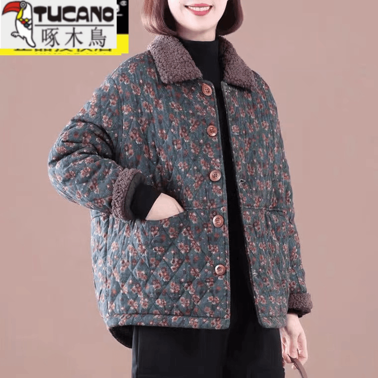 中老年妈妈装文艺减龄加绒加厚棉衣棉服冬季新款碎花小棉袄外套女