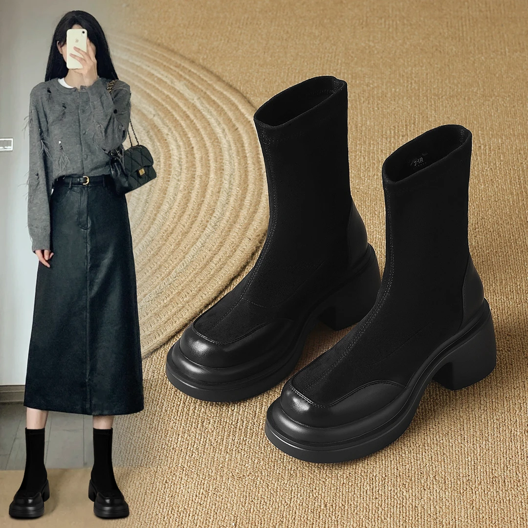 ZHR/则则弹力靴女秋冬新款女靴加绒厚底瘦瘦靴显腿长短靴复古靴子