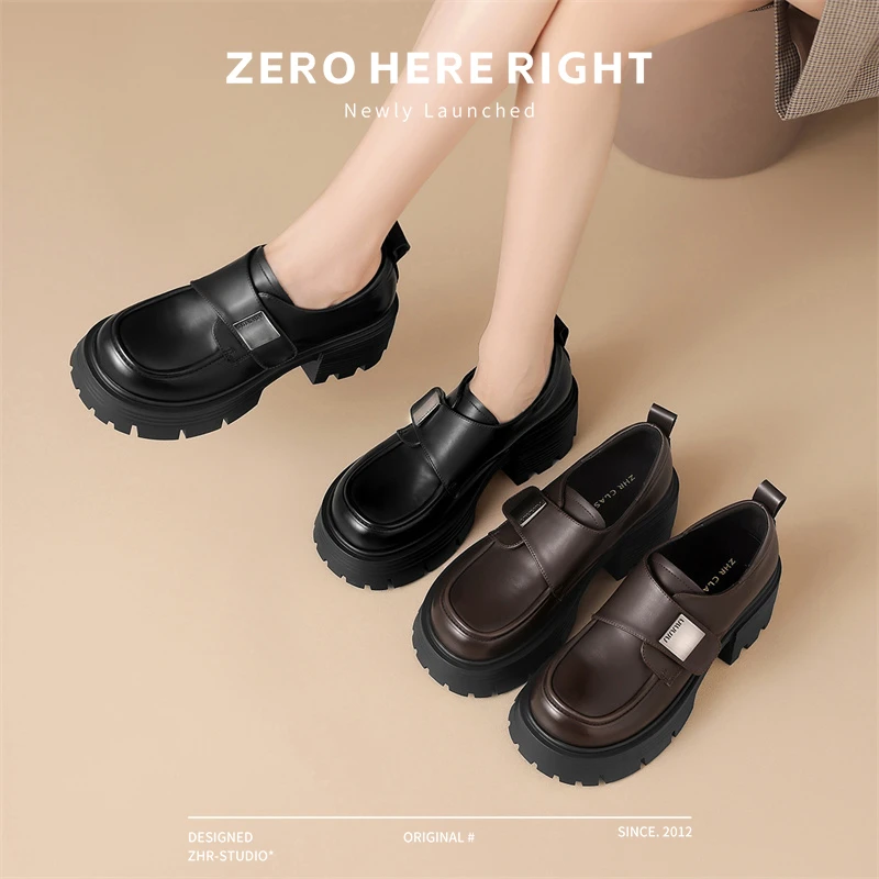 单鞋女魔术贴粗跟英伦风乐福鞋2025秋季百搭小皮鞋女鞋