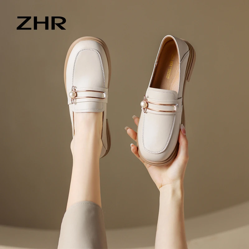 单鞋女2025秋季新品气质珍珠两穿乐福鞋一脚蹬真牛皮女鞋