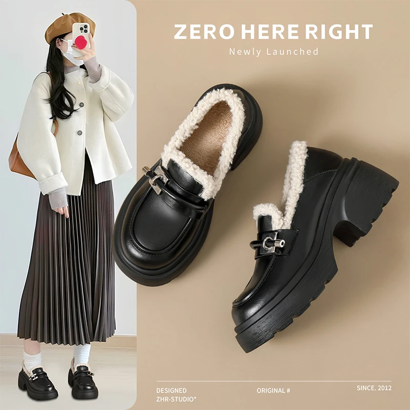真皮加绒乐福鞋女2025秋冬新款百搭英伦风单鞋粗高跟女鞋