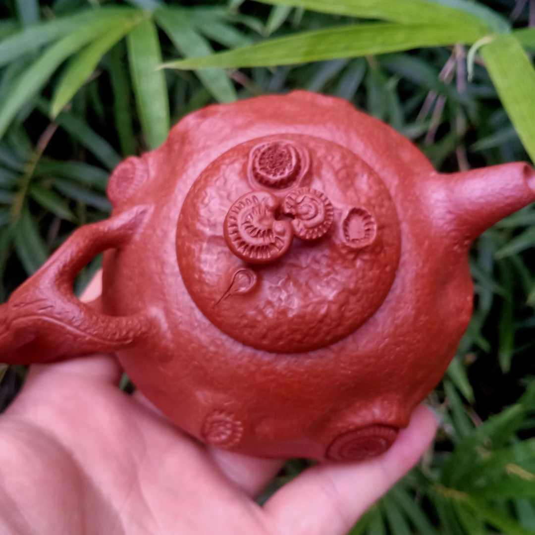 宜兴原矿朱泥半手工灵芝共春 礼品茶壶茶具200cc内推 9孔手制