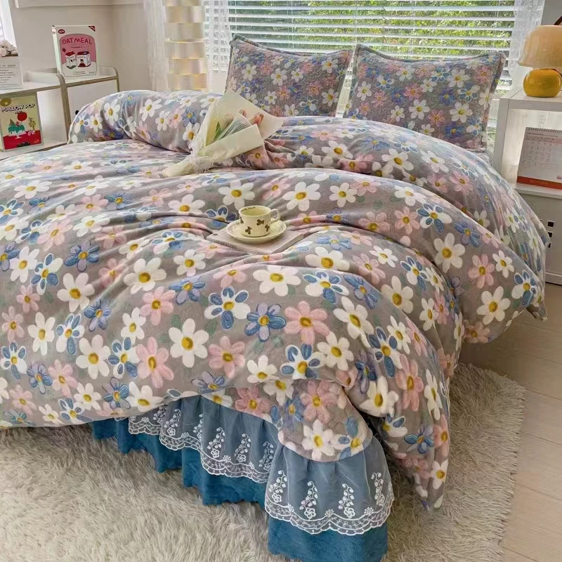 《床裙款四件套》加厚加密牛奶绒四件套 保暖 不滑床