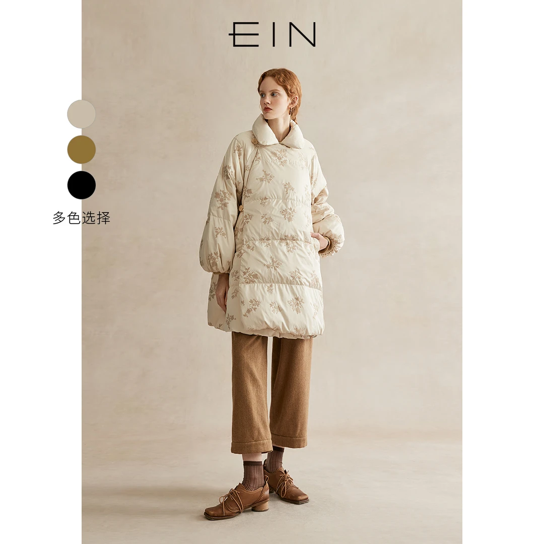 EIN/言【商场同款】24冬新中式羊腿袖绣花中轻长羽绒服女EF0402B41