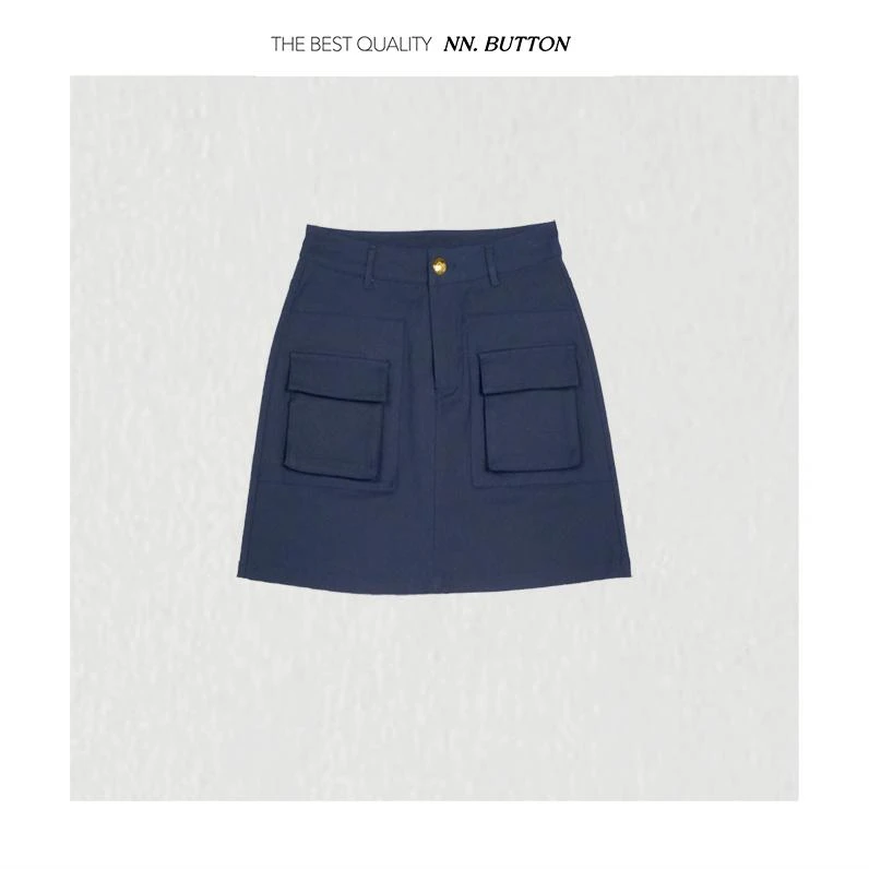 【NN.BUTTON】2024新款  休闲百搭  气质十足  深宝石蓝工装半裙
