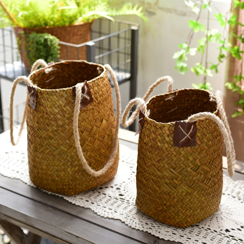 田园草编干花篮手工编织收纳篮子藤编客厅装饰用花器中式简约复古