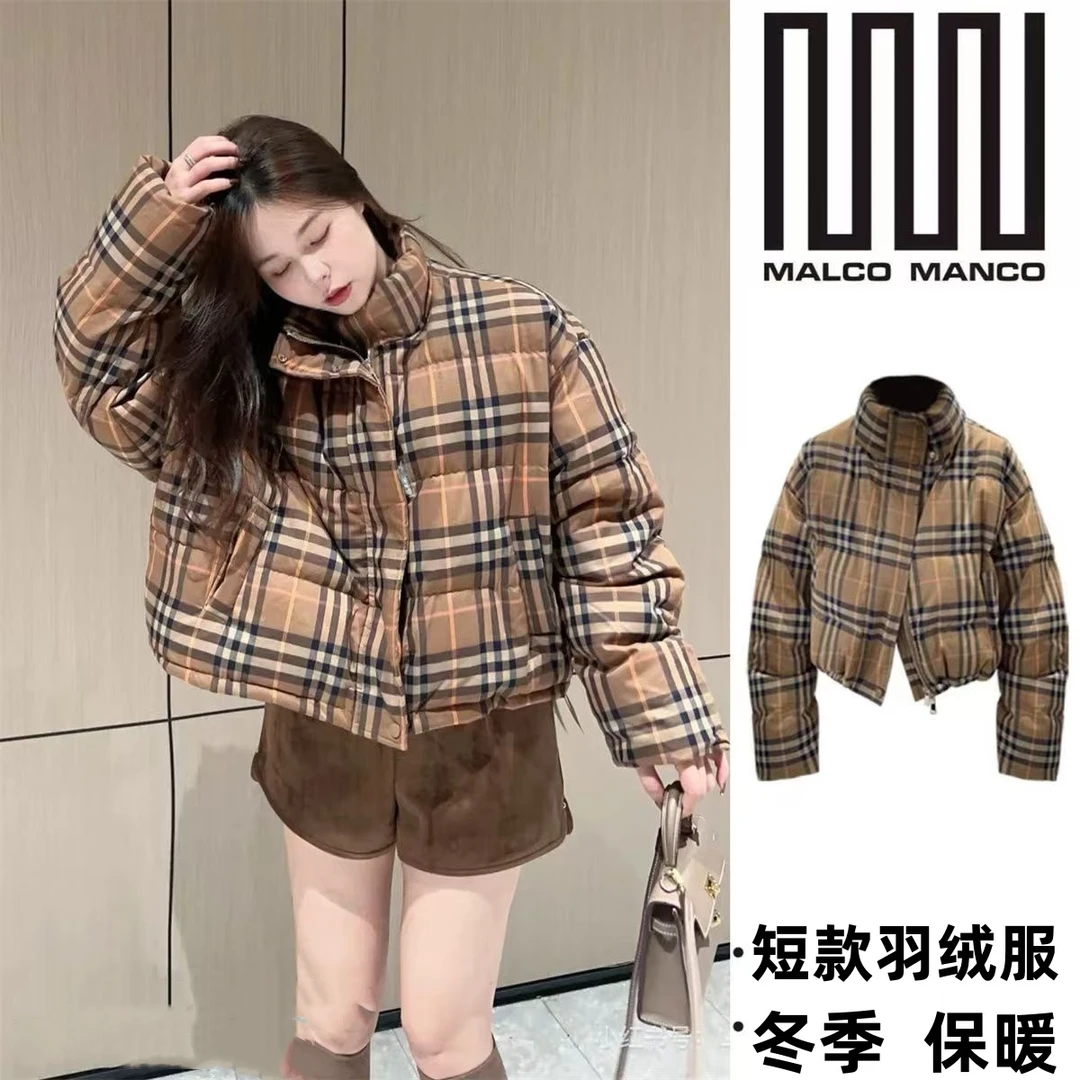 韩版复古格纹立领短款羽绒服女小个子冬面包服