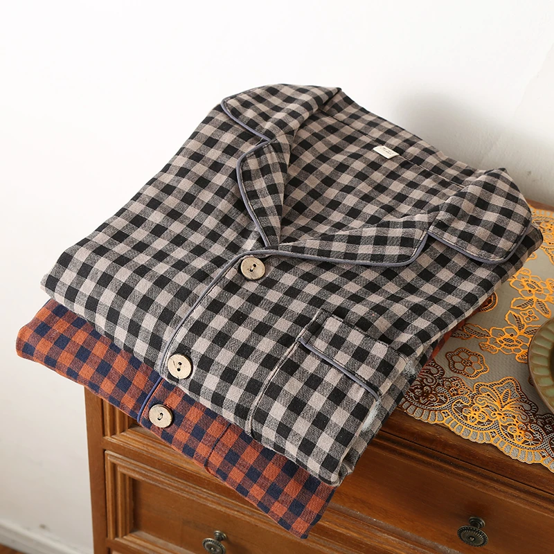 新款男士纯棉舒适家居服套装长袖长裤睡衣宽松大码格子简约春秋款