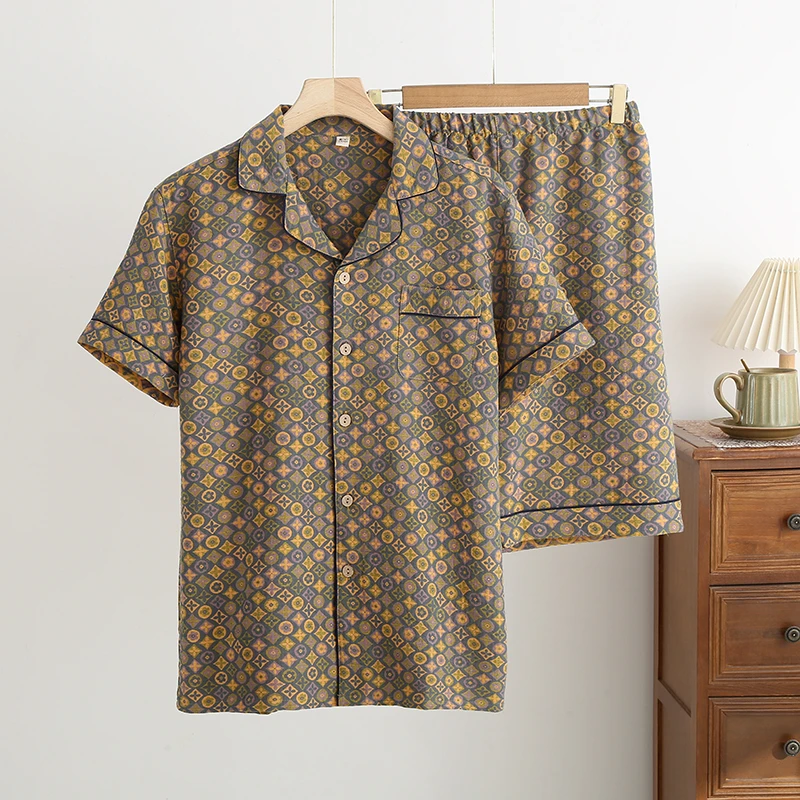 【定制】男士纯棉双层棉纱短袖短裤套装大码休闲薄款睡衣起居服全棉