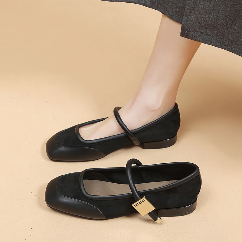 时尚低跟芭蕾单鞋女2024仙女春夏季新款拼接浅口方头玛丽珍小皮鞋
