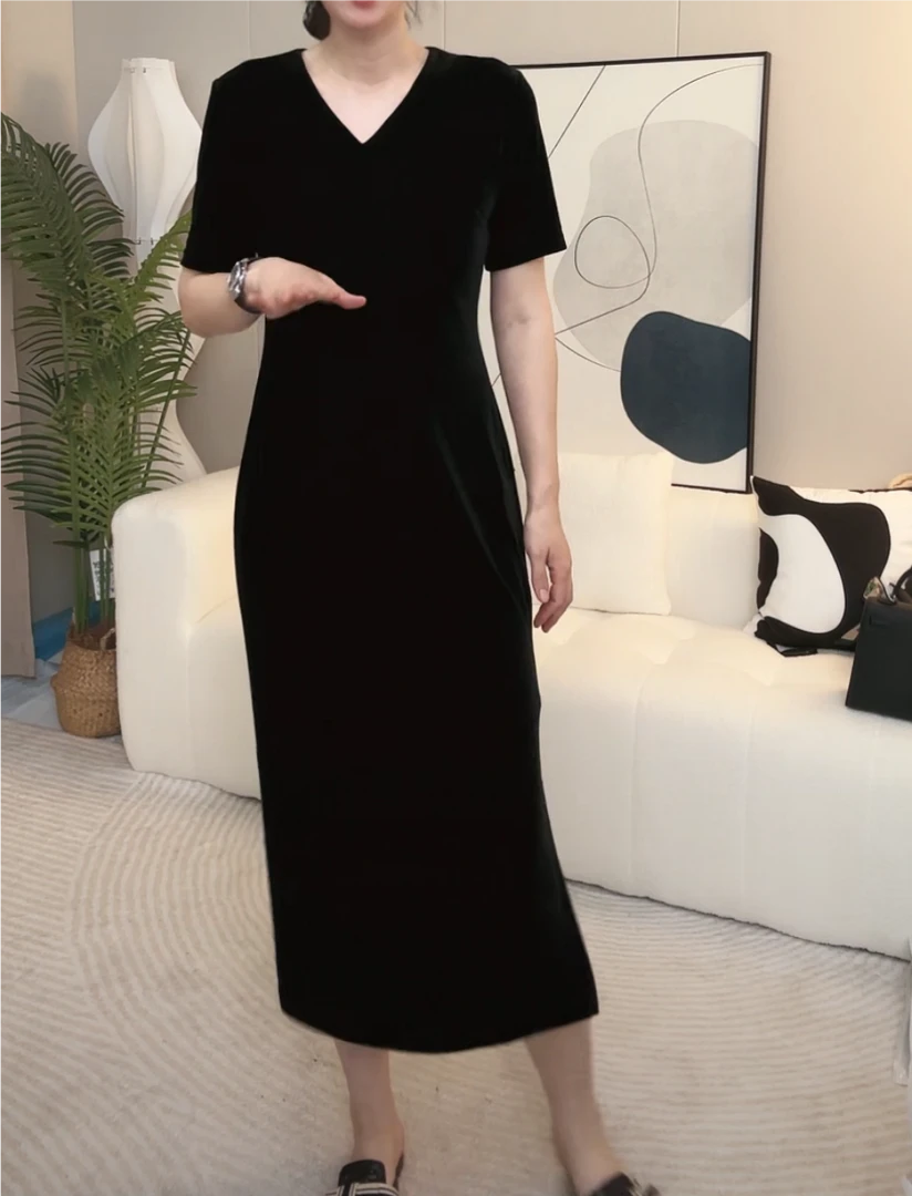 春季新款韩版丝绒女长款连衣裙高弹力中长裙秋冬显瘦收腰大码