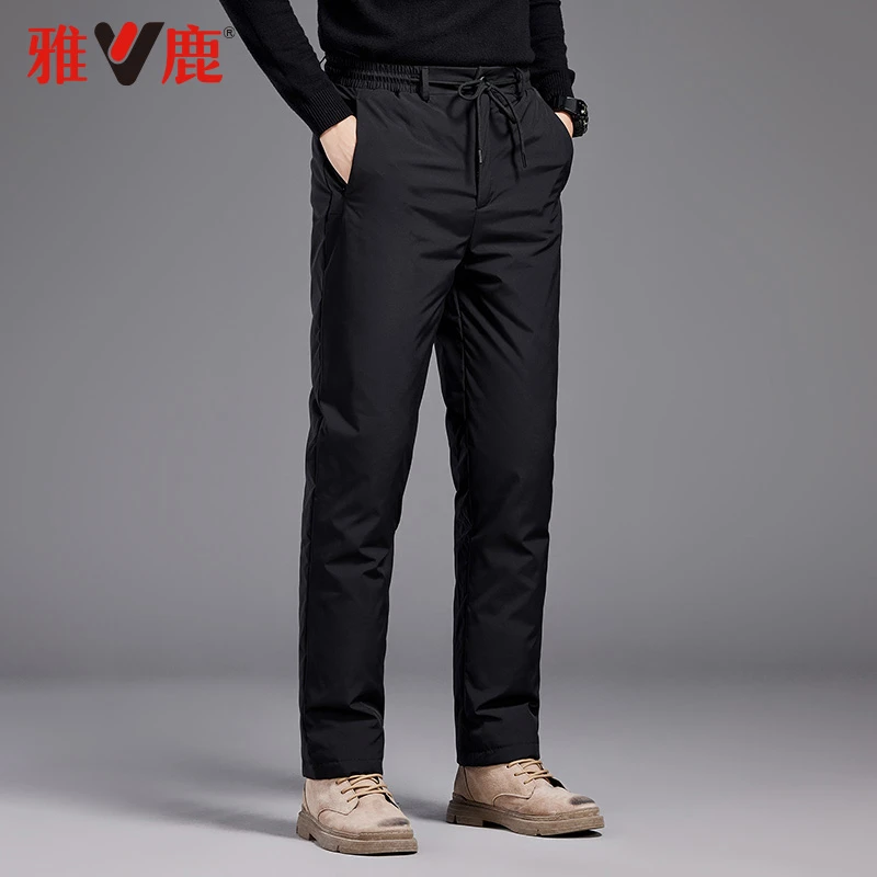 雅鹿鹅绒羽绒裤男外穿保暖宽松加厚中老年爸爸直筒休闲冬季棉裤子