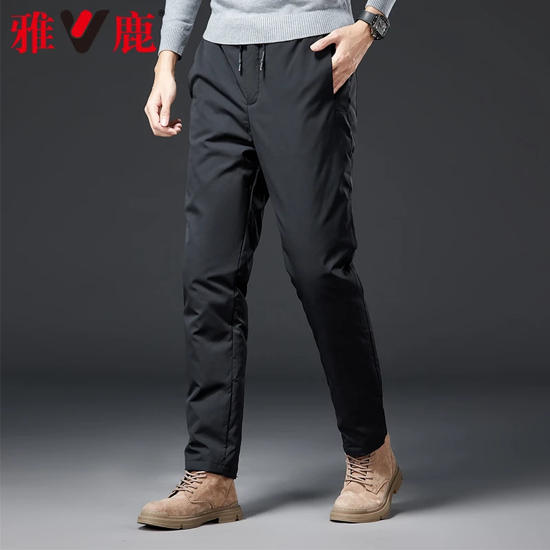 雅鹿羽绒裤男外穿加厚高腰2023冬新款中老年男士大码直筒加长棉裤