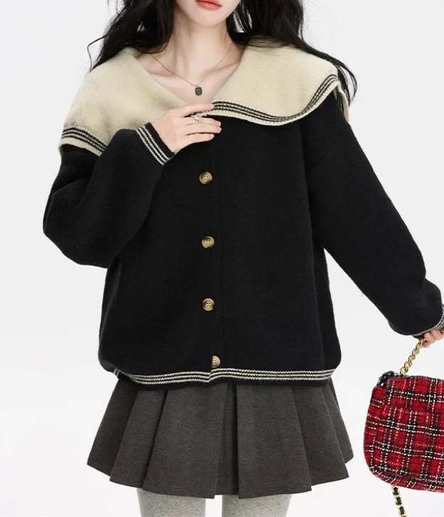 慵懒风复古毛衣女冬宽松显瘦设计感长袖海军领针织开衫