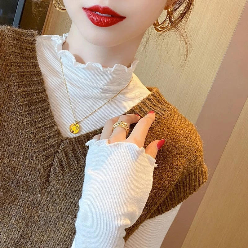 白色打底衫女春秋薄2025秋装新款修身t恤木耳边秋冬内搭长袖上衣