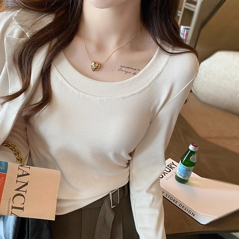 白色长袖t恤女2023新款春秋纯色打底衫内搭秋冬黑色修身纯棉上衣