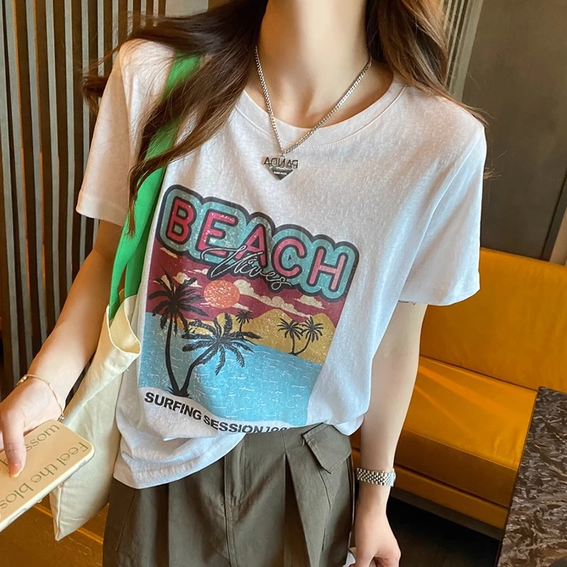白色t恤女短袖夏2025新款竹节棉冰丝半袖上衣薄圆领宽松简约体恤