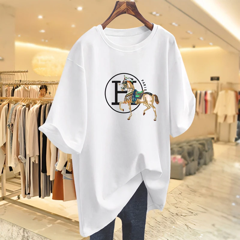 欧货大版白色纯棉宽松短袖T恤女长款2025夏季新款遮屁股上衣ins潮