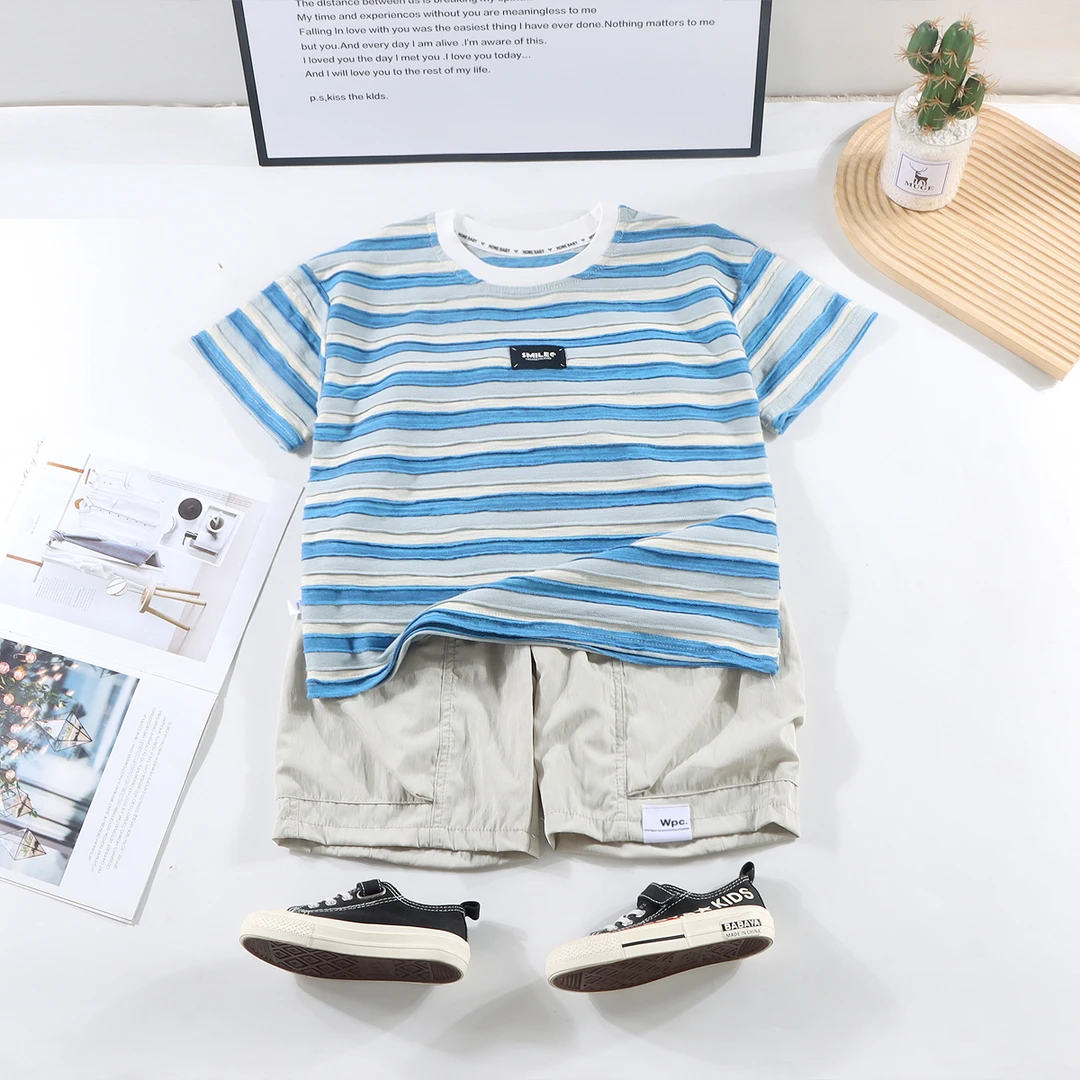 儿童夏款T恤韩版圆领薄款休闲条纹男童中大童时尚运动儿童节