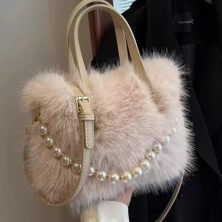 毛茸茸手提包2024新款时尚珍珠毛绒小方包可爱女斜挎通勤单肩包