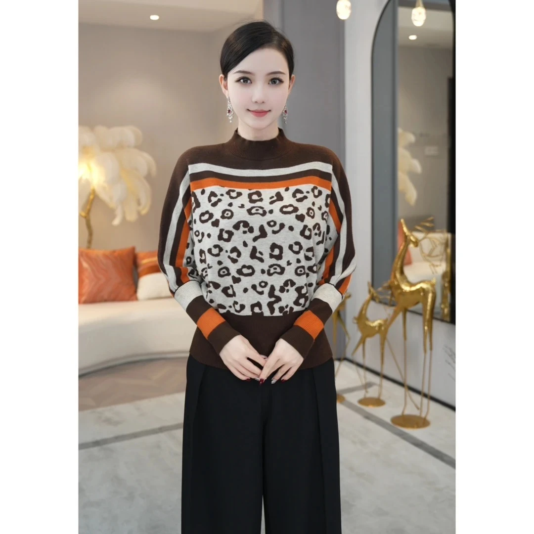 时尚针织衫套头针织上衣洋气2025秋冬新款宽松豹纹毛衣长袖打底衫