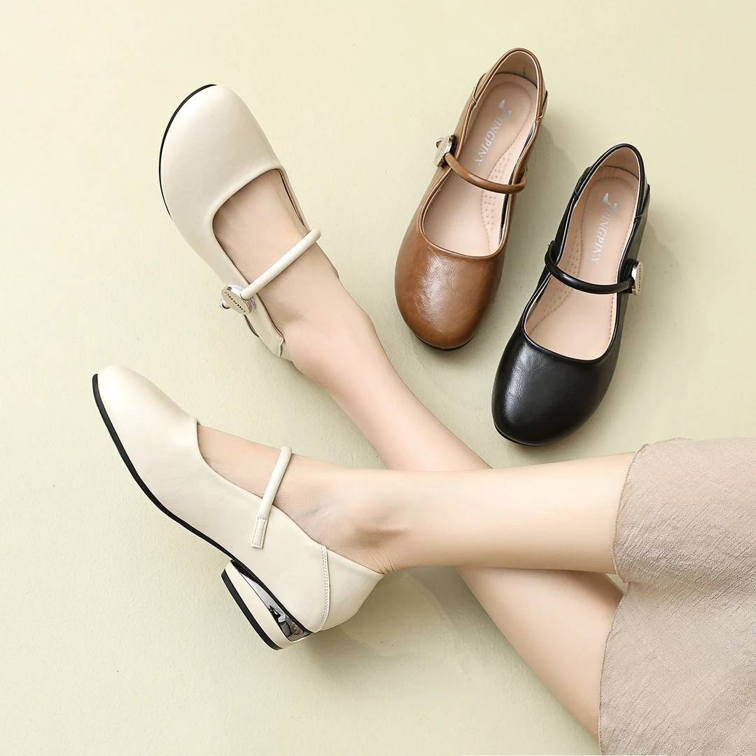 法式一字带粗跟单鞋女2024夏季百搭浅口软底妈妈皮鞋中跟圆头女鞋
