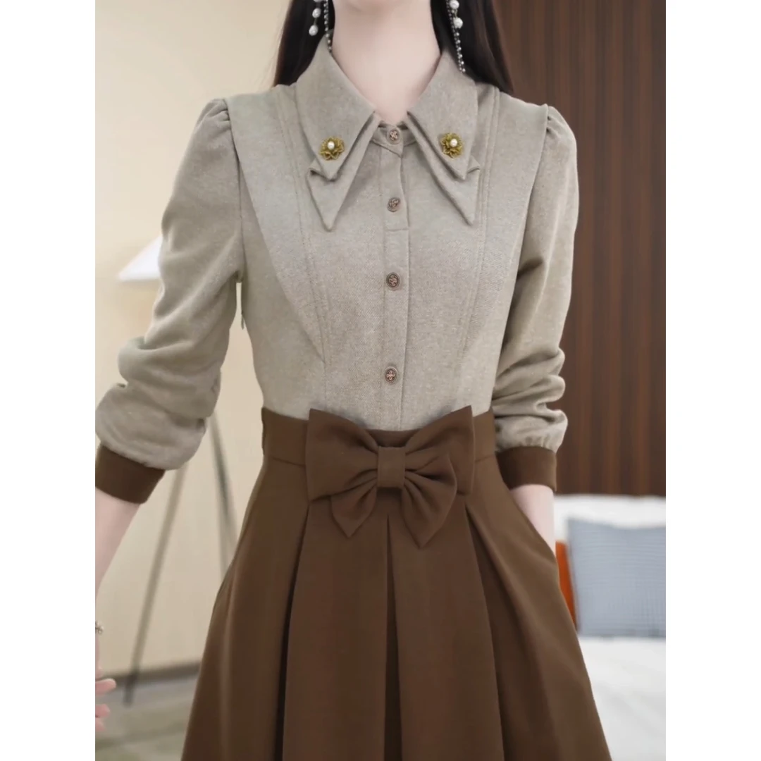 2024秋冬新款Polo领气质拼接通勤收腰显瘦修身假俩件中长款连衣裙