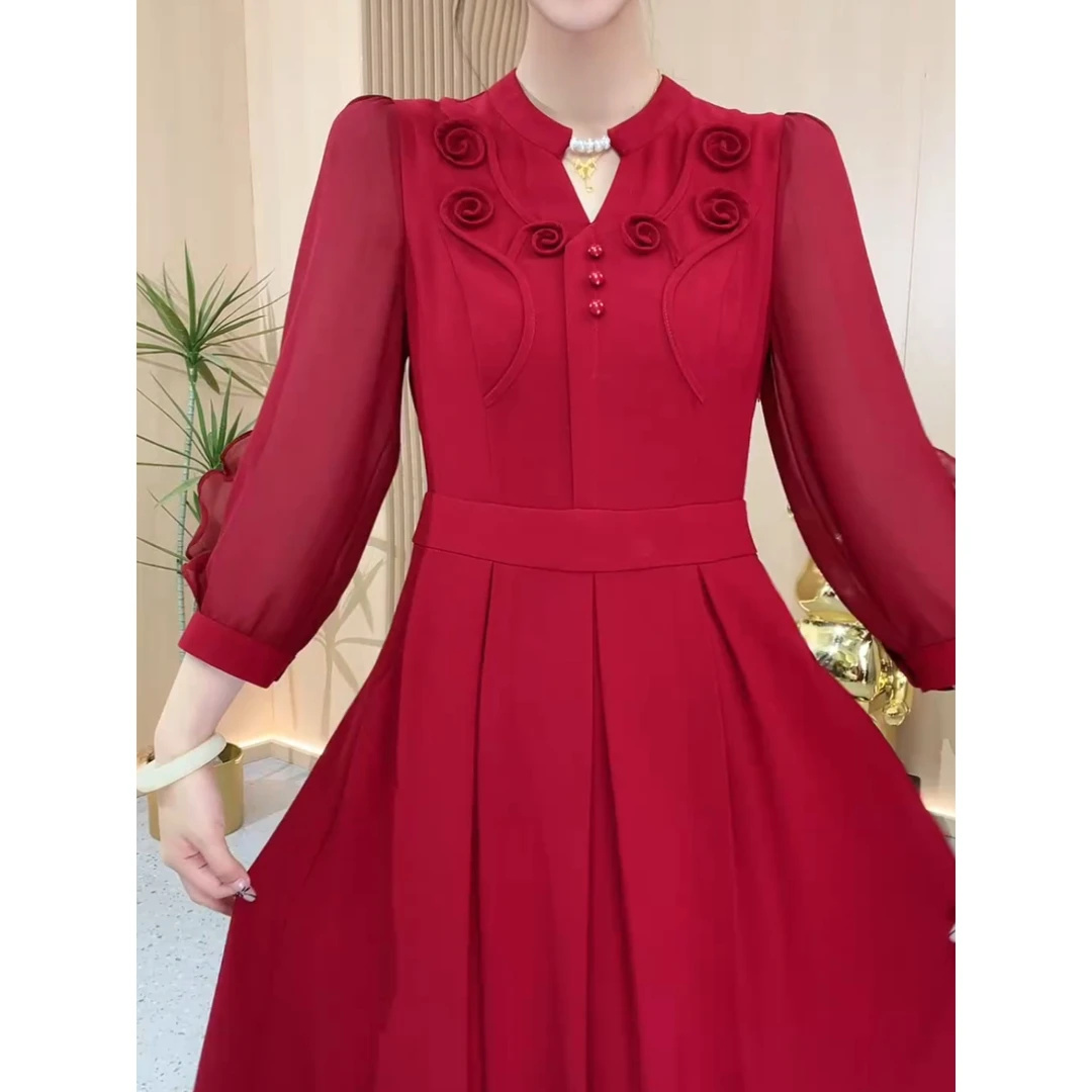 气质名媛显瘦纯色连衣裙2024女新款秋季时尚收腰精致修身过膝裙子