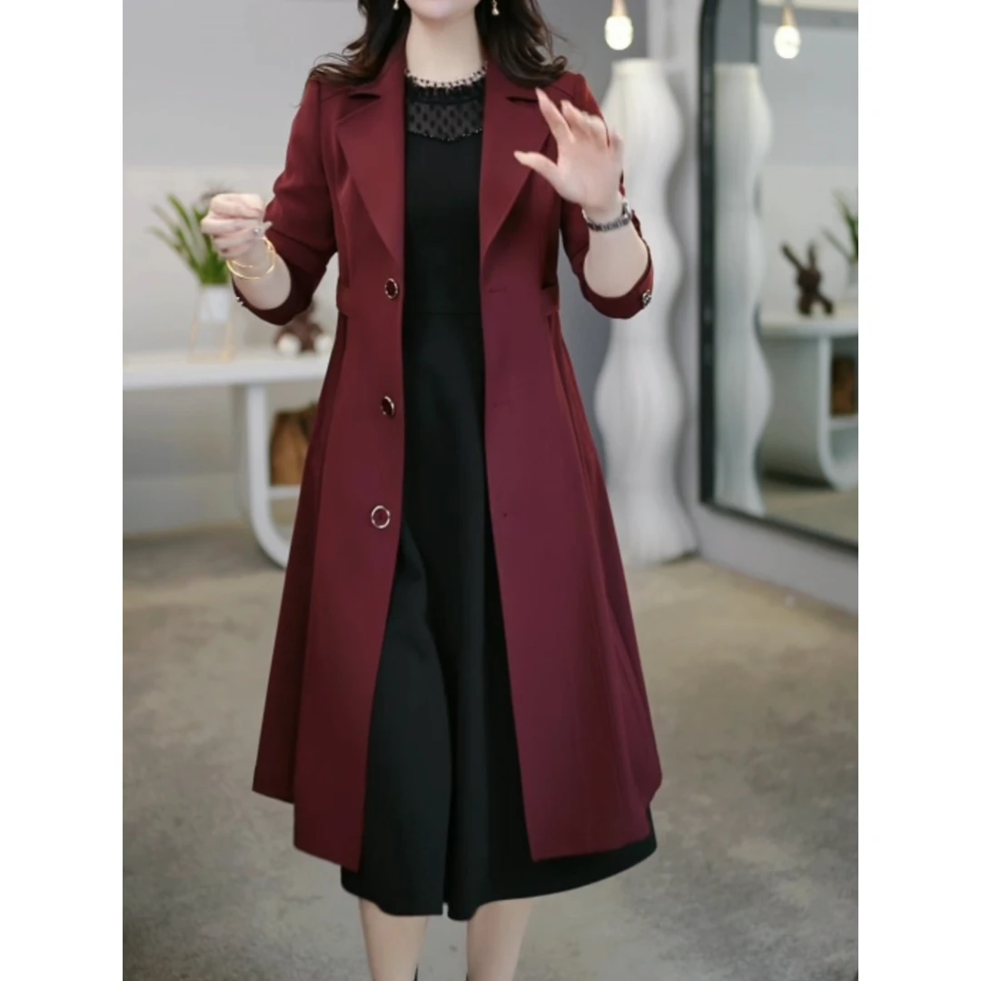 新款纯色气质通勤休闲修身减龄收腰品质中长款女风衣外套喜婆婆