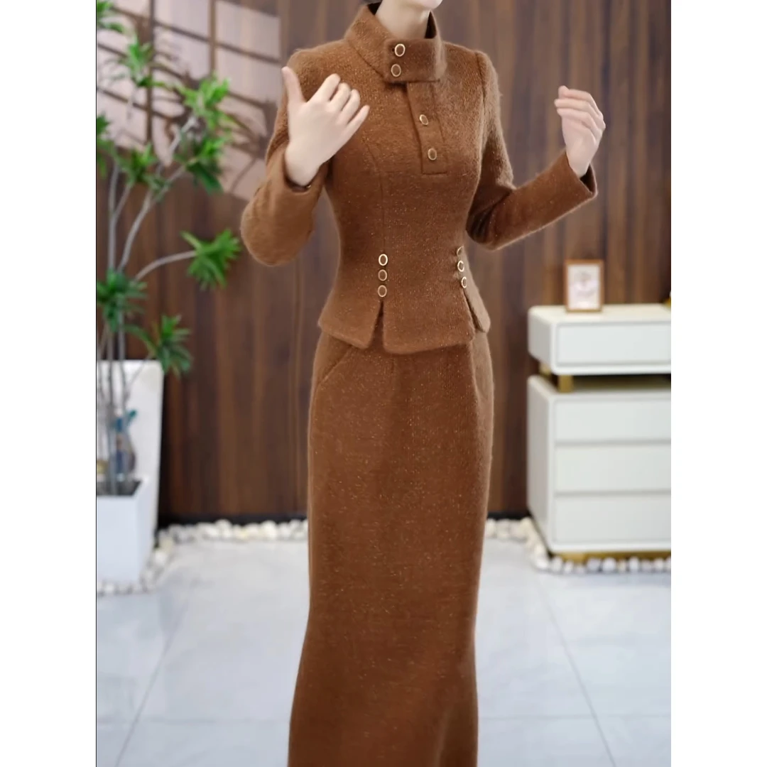 两件套2024秋冬新品立领修身时尚设计感法式轻奢上衣+半身裙套装