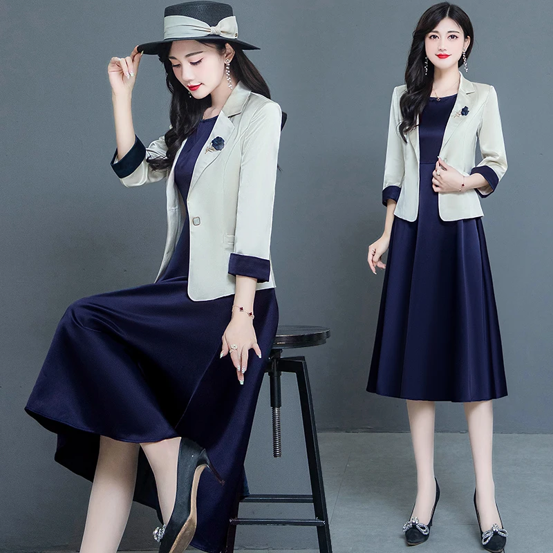 缎面连衣裙套装女2023秋季新款韩版修身气质高级感西服套裙两件套