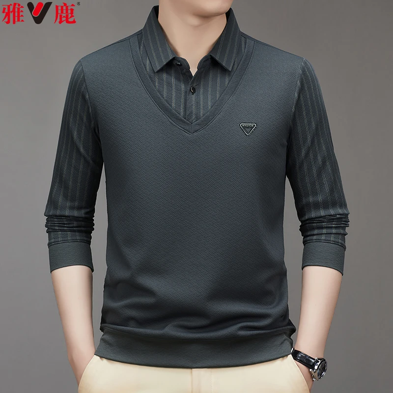 V/雅鹿秋装假两件男士针织衫套头翻领亲肤商务休闲长袖9939