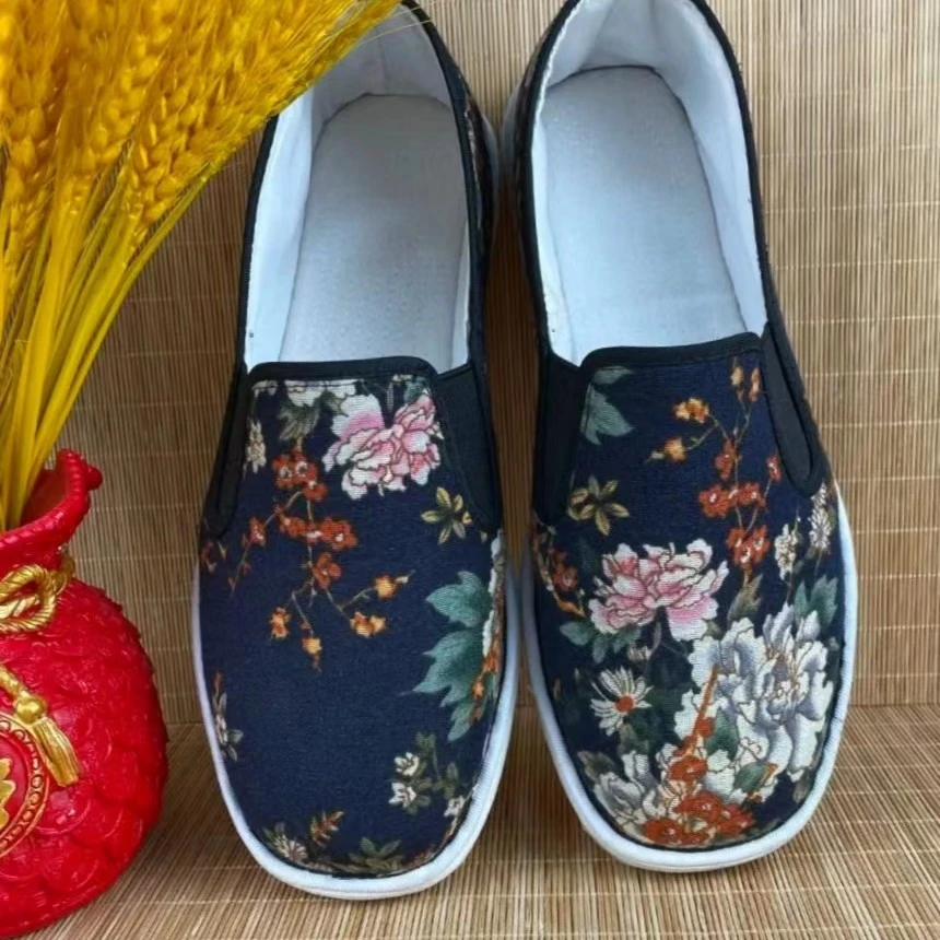 紫薇花牛仔面料纯手工纳制千层底布鞋老北京软底布鞋休闲情侣款