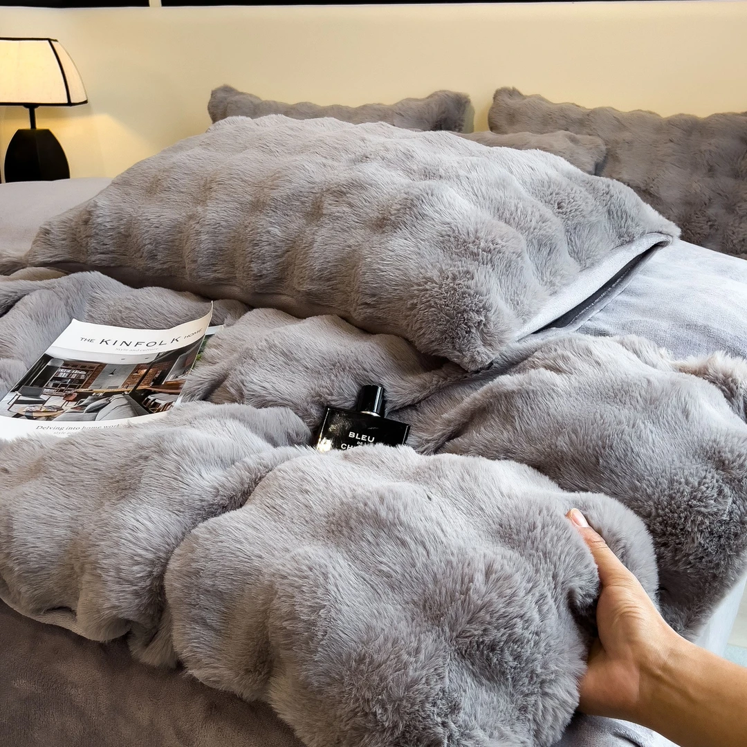 纯色泡泡牛奶绒四件套加厚双面珊瑚绒仿兔绒三件套冬季床单被套