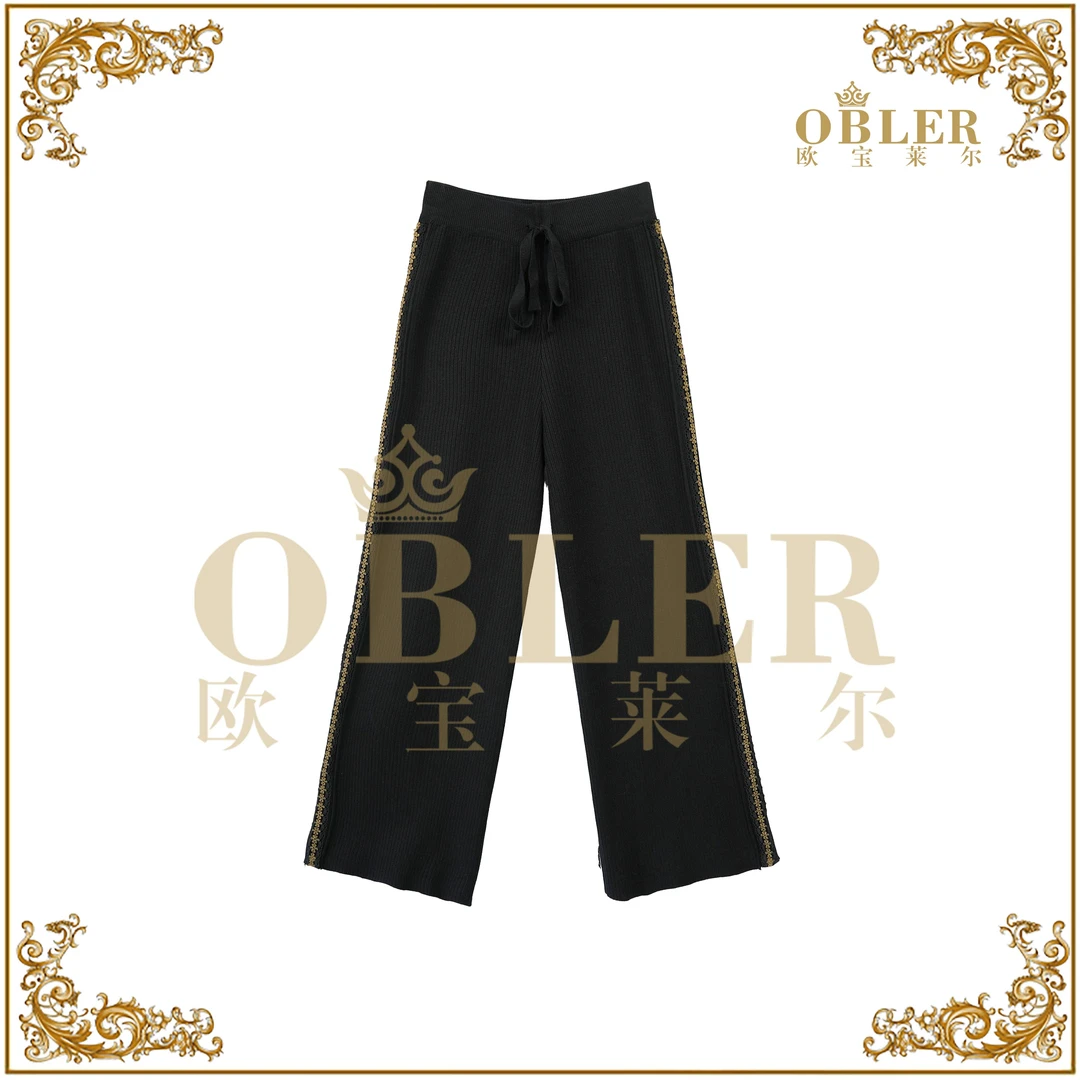 欧宝莱尔宫廷风针织弹力长裤秋季黑色长款056-3118-1