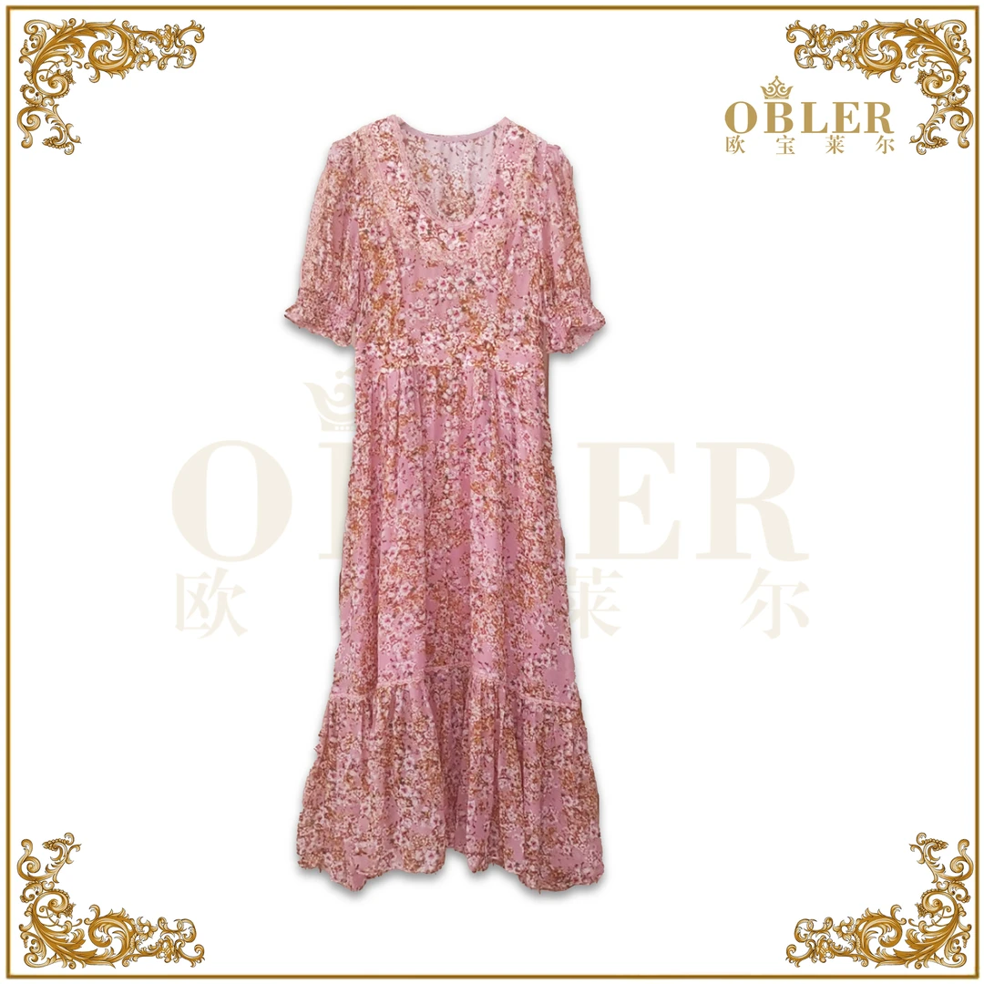 【高高甄选】OBLER欧宝莱尔新粉色蕾丝碎花真丝连衣裙 114-22332