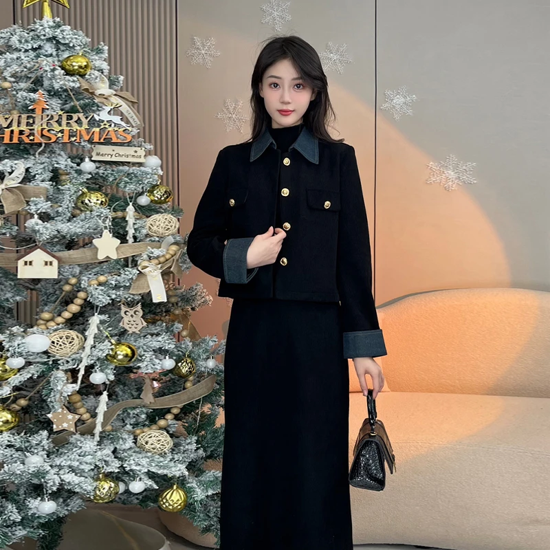 【万达撤柜】色连衣裙子女秋冬季2024新款小个子穿搭法式长裙套装