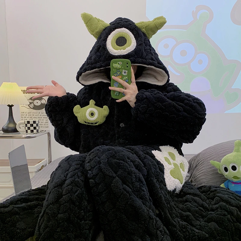 冬季新款三层夹棉加厚睡衣冬连帽保暖加绒宽松外穿毛绒家居服套装