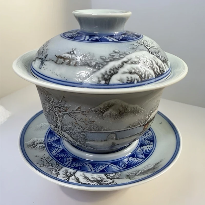 景德镇纯手绘纯手工釉下青花边釉上粉彩雪景三才盖碗