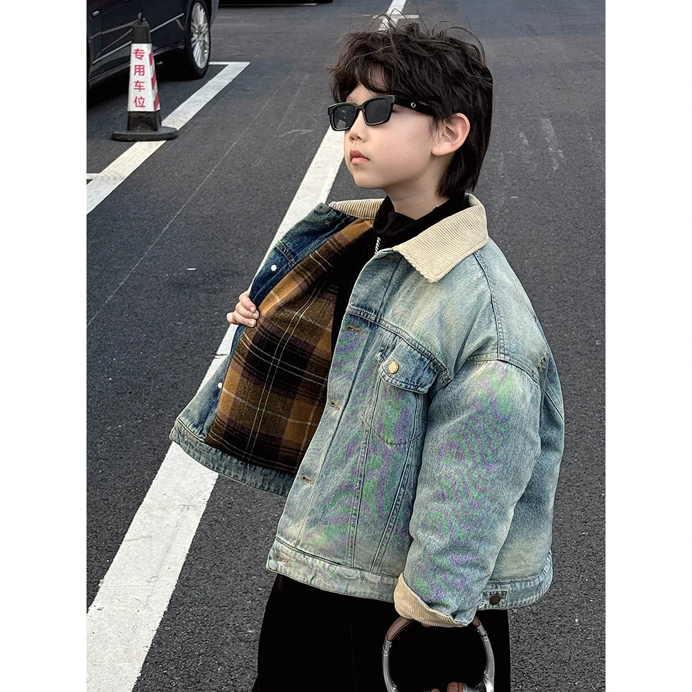 儿童加厚羽绒服2024冬季新款男童韩版翻领保暖牛仔外套中小童4148